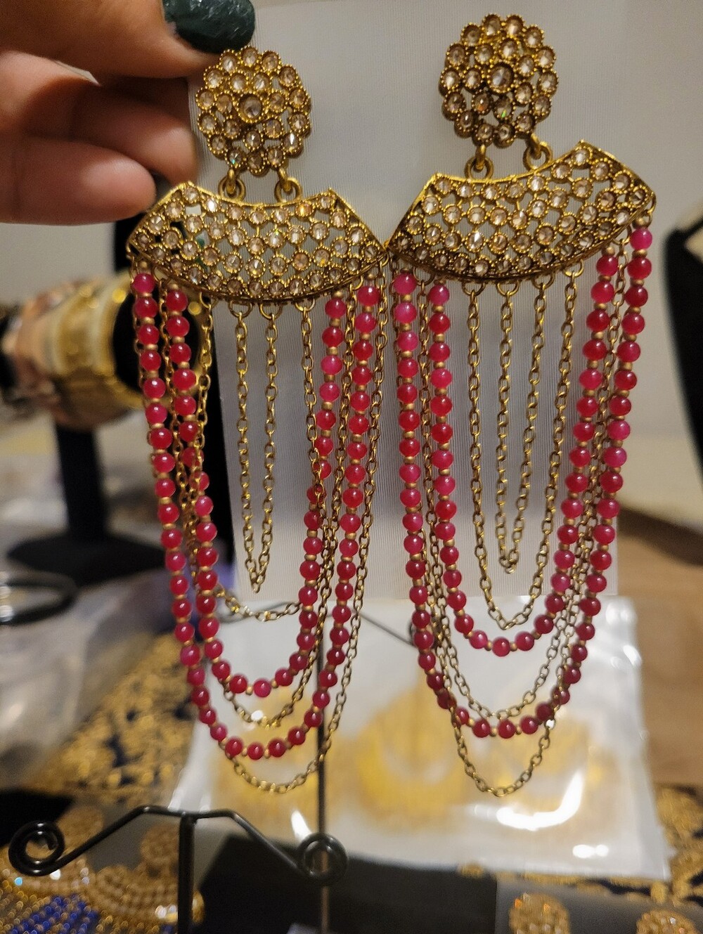 Gold and Red Beaded Dangle Earrings